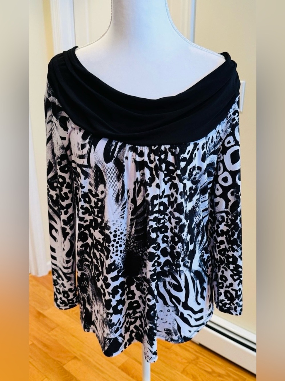 Bleeker and McDougal Black & White Animal-Print Cowl Neck Blouse